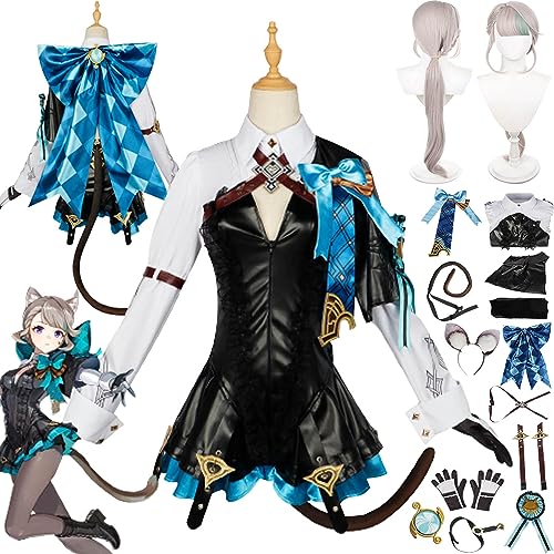 bbganlian Genshin Impact Lynette Cosplay Kostüm Outfit Spielcharakter Uniform Komplettes Set Halloween Party Karneval Dress Up Anzug mit Kopfschmuck Schwanz Perücke für Frauen (M) von bbganlian