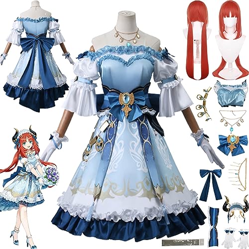 bbganlian Genshin Impact Nilou Cosplay Kostüm Outfit Spielcharakter Uniform Komplettes Set Halloween Party Karneval Dress Up Anzug mit Kopfschmuck Halskette Perücke für Frauen (L) von bbganlian