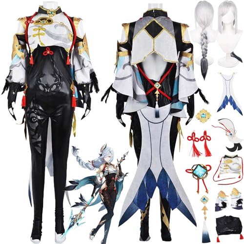 bbganlian Genshin Impact Shenhe Cosplay Kostüm Outfit Spielcharakter Uniform Komplettes Set Halloween Karneval Dress Up Anzug mit Perücke Kopfschmuck Ohrclip für Frauen Mädchen (XS) von bbganlian