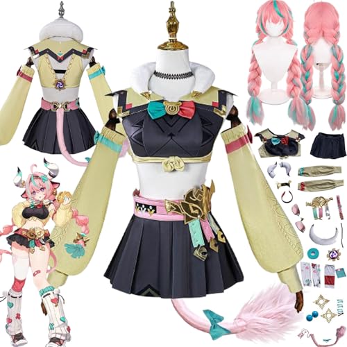 bbganlian Genshin Impact Varesa Cosplay Kostüm Outfit Spielcharakter Uniform Komplettes Set Halloween Karneval Party Dress Up Anzug mit Perücke Schwanz Kopfschmuck für Frauen (XXL) von bbganlian