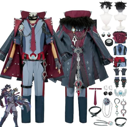 bbganlian Genshin Impact Wriothesley Cosplay Kostüm Outfit Spiel Charakter Uniform Komplettes Set Halloween Party Karneval Dress Up Anzug mit Perücke Ohrringe Ring für Männer (M) von bbganlian
