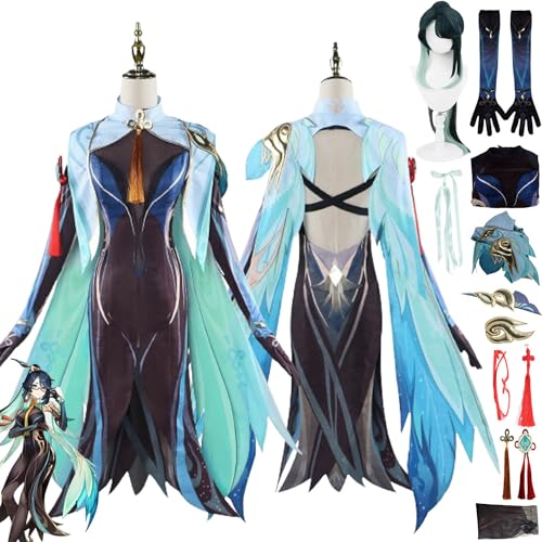 bbganlian Genshin Impact Xianyun Cosplay Kostüm Outfit Spielcharakter Uniform Komplettes Set Halloween Karneval Party Dress Up Anzug mit Perücke Brille Kopfschmuck für Frauen (M) von bbganlian