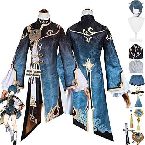 bbganlian Genshin Impact Xingqiu Cosplay Kostüm Outfit Spielcharakter Kinich Uniform Komplettes Set Halloween Karneval Party Dress Up Anzug mit Perücke Ohrring für Männer (M) von bbganlian