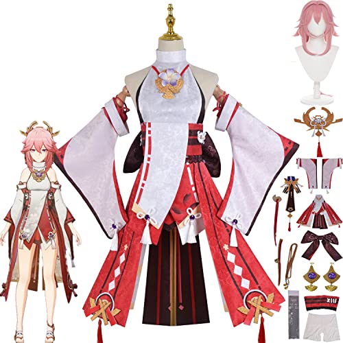 bbganlian Genshin Impact Yaemiko Cosplay Kostüm Outfit Spielcharakter Focalors Mualani Uniform Komplettes Set Halloween Karneval Party Dress Up Anzug mit Perücke für Frauen (XS) von bbganlian