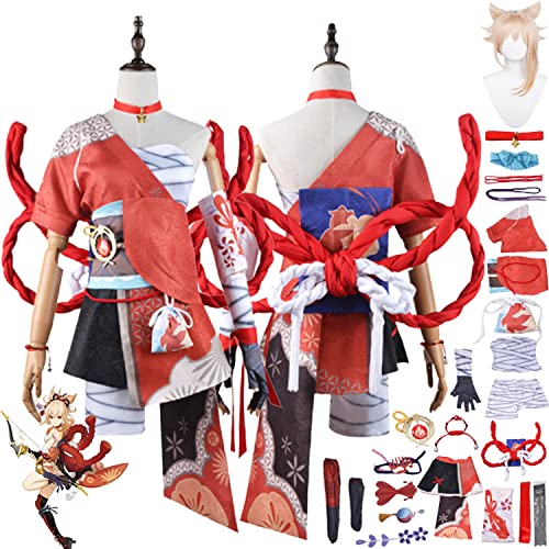 bbganlian Genshin Impact Yoimiya Cosplay Kostüm Outfit Spielcharakter Focalors Uniform Komplettes Set Halloween Karneval Party Dress Up Anzug mit Perücke Kopfschmuck für Frauen (M) von bbganlian