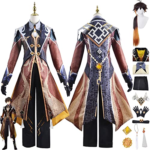 bbganlian Genshin Impact Zhongli Cosplay Kostüm Outfit Spielcharakter Kinich Uniform Komplettes Set Halloween Party Karneval Dress Up Anzug mit Perücke Ohrring für Männer (S) von bbganlian