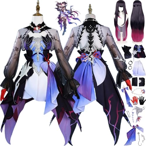 bbganlian Honkai Star Rail Helektra Cosplay Kostüm Outfit Spielcharakter Castorice Uniform Komplettes Set Halloween Party Karneval Dress Up Anzug mit Perücke Kopfschmuck für Frauen (XXL) von bbganlian