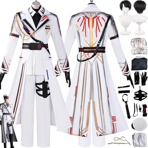 bbganlian Love and Deepspace Caleb Cosplay Kostüm Outfit Spiel Charakter Xavier Weiß Uniform Komplettes Set Halloween Party Karneval Dress Up Anzug mit Perücke Hut für Männer (M) von bbganlian