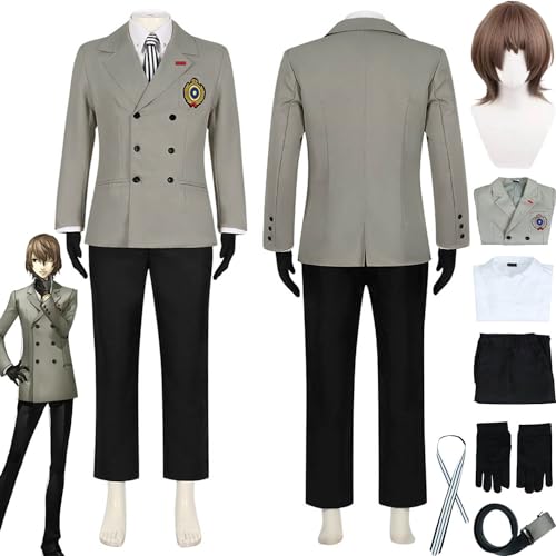 bbganlian Persona5 Akechi Goro Cosplay Kostüm Outfit Spiel Charakter Amamiya Ren Uniform Komplettes Set Halloween Party Karneval Dress Up Anzug mit Perücke für Männer Jungen (S) von bbganlian