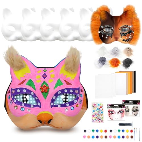 beanicus Katzenmasken zum Selbstbemalen, 6 Stück, Weiß, Bastelset für Kinder, Halloween-Papiermaske, Karneval, Kostüm, Party Rollenspiel von beanicus