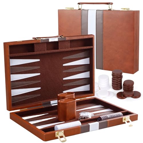 Backgammon Set, Backgammon Reise, 15 Zoll Backgammon Holz, Backgammon Koffer, Backgammon Steine, Brettspiele Erwachsene, Tragbares Board Games, Reise Schach mit Hochwertiger Ledertasche von bechoanigel
