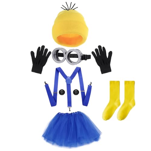 Karneval Kostüm Zubehör 7 Stück, Film Cosplay Zubehör Blau Netzrock Brille Gelber Mütze Handschuhe Gelbe Socken Träger Knöpfe, Karneval Kostüm für Damen Herren Kinder, Karnevalskostüm für Cosplay Karneval Kostüm Zubehör 7 Stück, Film Cosplay Zubehör Blau Netzrock Brille Gelber Mütze Handschuhe Gelbe Socken Träger Knöpfe, Karneval Kostüm für Damen Herren Kinder, Karnevalskostüm für Cosplay von bechoanigel