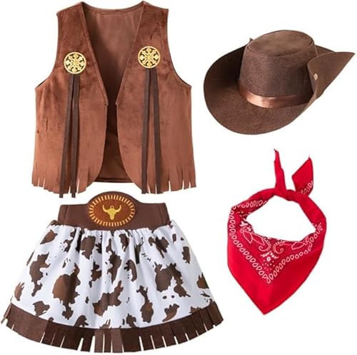 bechoanigel 4 Stück Cowgirl Kostüm Mädchen Set, Braun Indianer Kostüm Kinder mit Cowgirl Kleid, Rotem Bandana, Weste und faltbarem Cowboyhut für Karneval, Fasching, Western Mottoparty (110) von bechoanigel