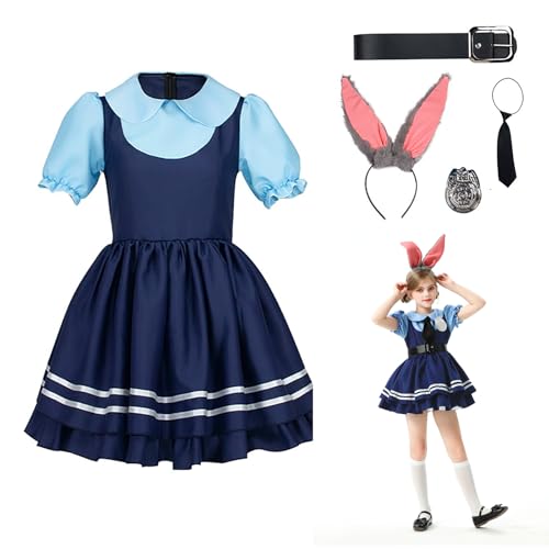 Karneval Kostüm Mädchen, Blau Mädchen Kleider Cosplay Kostüm, Mädchen Cosplay Kleid mit Gürtel, Haarreif mit Hasenohren, Krawatte, Karnevalskostüm für Halloween, Karneval, Geburtstag (150) von bechoanigel