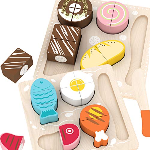 Holzspielzeug Essen und Kuchen zum Ausschneiden, Dinette Essen Zubehör mit Utensilien | Montessori Lerngeschenke für Kleinkinder | Inklusive 2 Puzzles | Kinder Geburtstagsgeschenke Holzspielzeug Essen und Kuchen zum Ausschneiden, Dinette Essen Zubehör mit Utensilien | Montessori Lerngeschenke für Kleinkinder | Inklusive 2 Puzzles | Kinder Geburtstagsgeschenke von bee SMART