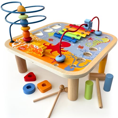 bee SMART Buntes Holz-Spielcenter, 5 in 1 Spielcenter, Thema 'Ozean', Lernspielzeug Kinder Holz Spielzeug, Xylophon und Hammerspiel mit Schiebe-Elementen, Sortierspiel und Farbigen Schleifen von bee SMART