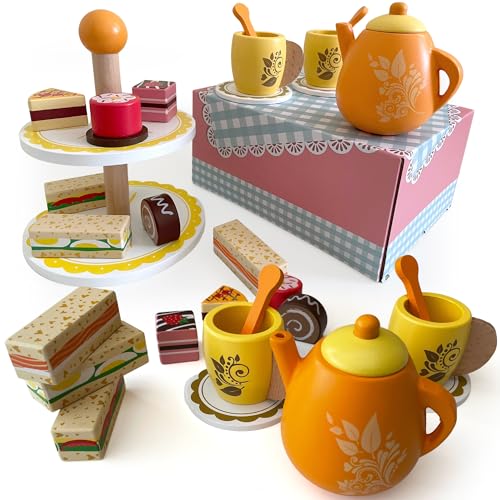 bee SMART Holz Teeservice | Tee Spielset für Kinder mit Kuchen, Ständer, Teekanne, Essen & Zubehör | Kleinkinder Rollenspiel Küchenspielzeug | Geburtstagsgeschenke für Jungen & Mädchen | 17 Stck von bee SMART