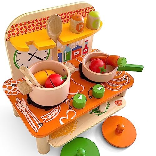 Wooden Kitchen Set - portable, 10-piece set includes utensils, pans with lids, clock and condiments set by BeeSmart von bee SMART