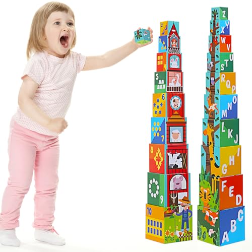 Beeqoo - Sortier- und Stapelblöcke, ABC-Lernspielzeug und Zahlen für Babys und Kleinkinder, Montessori Lernturm, Bausatz aus 10 Würfeln Beeqoo - Sortier- und Stapelblöcke, ABC-Lernspielzeug und Zahlen für Babys und Kleinkinder, Montessori Lernturm, Bausatz aus 10 Würfeln von beeqoo
