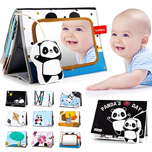 beiens Baby Spiegel Spielzeug mit Knisterbuch, Panda mit schwarz Weiss Spielzeug Baby 0 3 6 Monate, Faltbarer Kontrast Spielzeug Baby für neugeborenen Geschenk von beiens