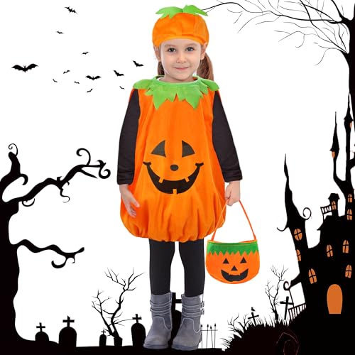 beifon Halloween Kostüm Kinder Kürbis, Halloween Kürbis Kostüm Kinder Mädchen Junge mit Hut und Kürbistasche, Fleece Pumpkin Halloween Cosplay Kleinkind 3-7 Jahre für Halloween, Karneval Party von beifon