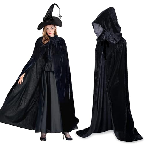 beifon Halloween Umhang mit Kapuze Schwarz+Hexenhüt, Halloween Kostüm Damen Herren Hexe Samt, Vampir Kostüm Hexenkostüm Halloween Cape Kapuzenumhang Unisex Erwachsene für Karneval Halloween Cosplay von beifon