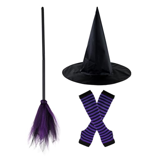 beiyoule Hexenkostüm für Damen, 4-teiliges Halloween-Hexenkostüm-Set, Besen und Hut für Cosplay, Hexenzubehör (Farbe: Violett) von beiyoule
