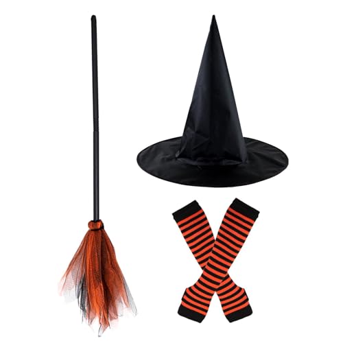 beiyoule Hexenkostüm für Damen, 4-teiliges Halloween-Hexenkostüm-Set, Besen und Hut für Cosplay, Verkleidung, Hexenzubehör (Orange) von beiyoule
