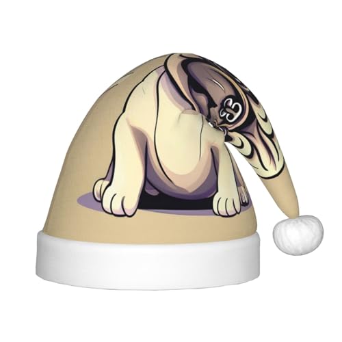 Lustige Cartoon Mops Welpen Hunde Kinder Frohe Weihnachten Santa Hut - Lebendig bedruckte Urlaubsmütze für Kinder, Unisex Komfort von berbo