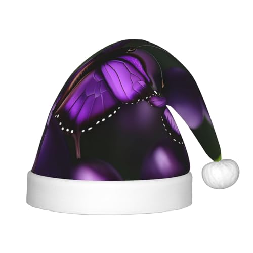 Weihnachtsmütze mit violettem Pflaumen-Schmetterlings-Print für Kinder – Unisex Weihnachtsmannmütze, festliche Kopfbedeckung, gemütliches Samtmaterial von berbo