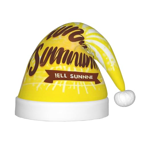 berbo Gelber Hintergrund mit Hello Sunshine Print Weihnachtsmütze für Kinder – Unisex Weihnachtsmannmütze, festliche Weihnachtsfeiertag-Kopfbedeckung, gemütliches Samtmaterial von berbo