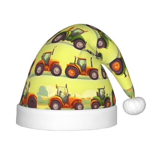 berbo Green Fields Weihnachtsmütze mit Bauernhof-Maschinen-Druck für Kinder – Unisex Weihnachtsmannmütze, festliche Kopfbedeckung, gemütliches Samtmaterial von berbo