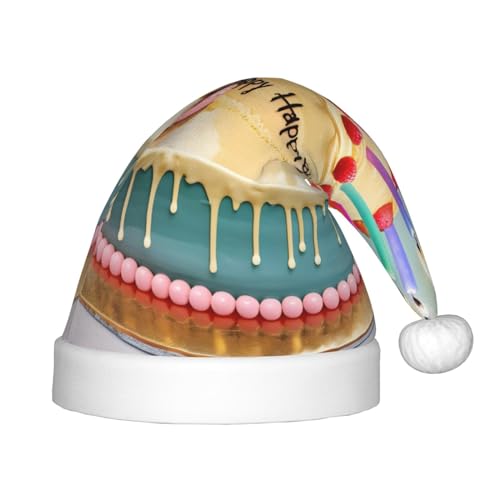 berbo Happy Birthday Weihnachtsmütze mit großem Kuchen-Aufdruck für Kinder – Unisex Weihnachtsmannmütze, festliche Kopfbedeckung, gemütliches Samtmaterial von berbo