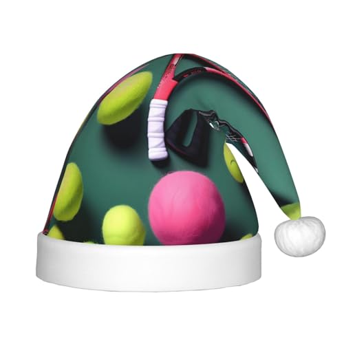berbo Lustige Tennisschläger und Tennisbälle drucken Weihnachtsmütze für Kinder – Unisex Weihnachtsmannmütze, festliche Weihnachtsfeiertag-Kopfbedeckung, gemütliches Samtmaterial von berbo