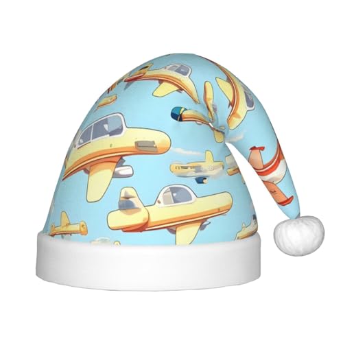 berbo Viele Cartoon-kleine Flugzeuge drucken Weihnachtsmütze für Kinder – Unisex Weihnachtsmannmütze, festliche Weihnachtsfeiertag-Kopfbedeckung, gemütliches Samtmaterial von berbo