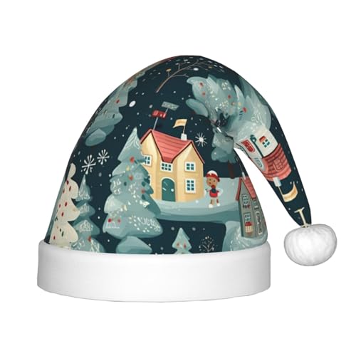 berbo Warme Weihnachtsmütze mit Hausaufdruck für Kinder – Unisex Weihnachtsmannmütze, festliche Kopfbedeckung, gemütliches Samtmaterial von berbo