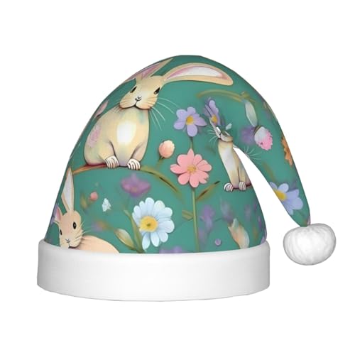 berbo Weihnachtsmütze mit Blumen- und Hasen-Motiv, für Kinder, Unisex, Weihnachtsmannmütze, festliche Kopfbedeckung, gemütliches Samtmaterial von berbo