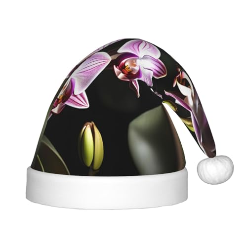 berbo Weihnachtsmütze mit Glocken-Orchideen-Muster für Kinder – Unisex Weihnachtsmannmütze, festliche Kopfbedeckung, gemütliches Samtmaterial von berbo