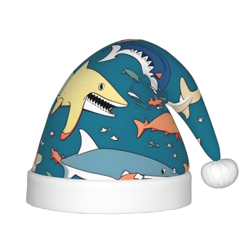 berbo Weihnachtsmütze mit Haifisch-Segelaufdruck für Kinder – Unisex Weihnachtsmannmütze, festliche Kopfbedeckung, gemütliches Samtmaterial von berbo