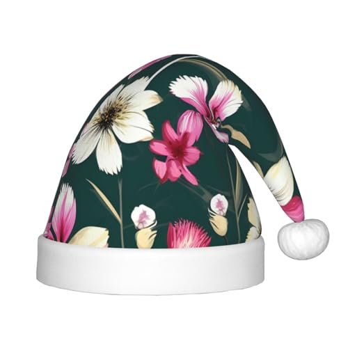berbo Weihnachtsmütze mit Pflanzen und Blumendruck für Kinder – Unisex Weihnachtsmannmütze, festliche Kopfbedeckung, gemütliches Samtmaterial von berbo