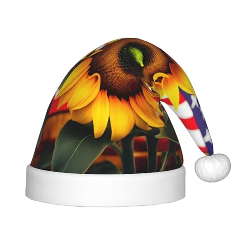 berbo Weihnachtsmütze mit Sonnenblumen- und amerikanischer Flagge, für Kinder, Unisex, Weihnachtsmannmütze, festliche Kopfbedeckung, gemütliches Samtmaterial von berbo