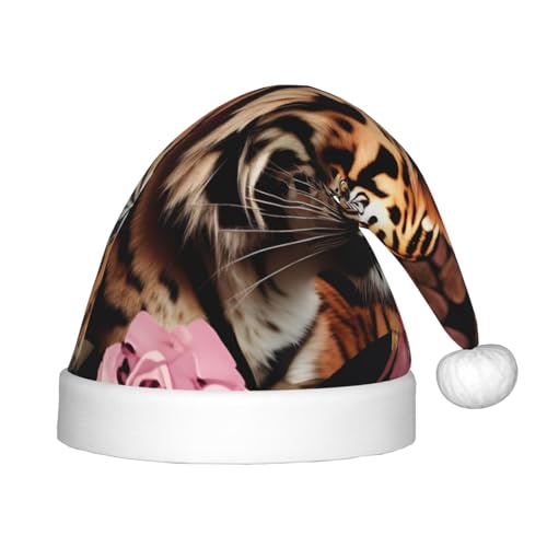 berbo Weihnachtsmütze mit Tier-Tiger, Leopardenmuster, Rosen-Blumendruck, für Kinder, Unisex, Weihnachtsmannmütze, festliche Kopfbedeckung, gemütliches Samtmaterial von berbo