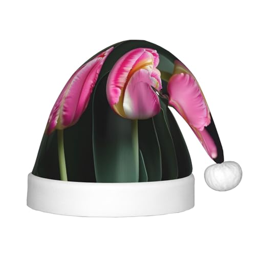 berbo Weihnachtsmütze mit rosa und Tulpenaufdruck für Kinder – Unisex Weihnachtsmannmütze, festliche Kopfbedeckung, gemütliches Samtmaterial von berbo