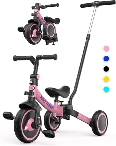 besrey 7 in 1 Kleinkind-Dreirad mit Lenkschiebegriff für 1-5 Jahre, faltbares Laufräder, Kleinkind-Fahrrad mit Radkupplung, größere Räder, abnehmbare Pedale, höhenverstellbarer Sitz,Rosa von besrey