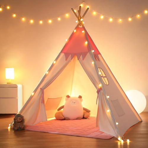 besrey Tipi Zelt für Kinder,Tippi Kinderzelt,Kinderzelt für drinnen,Kindertipi,Kinderzimmer Kuschelecke Mädchen Spielzelt (rosa+beige) von besrey