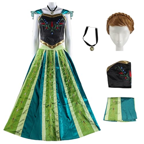 bi bi hou Damen Anna Prinzessin Kleid mit Perücke Schneekönigin Verkleidung Prinzessin Anna Cosplay Kostüm Weihnachten Halloween Karneval Party Bühnenauftritt Kostüm für Erwachsene von bi bi hou