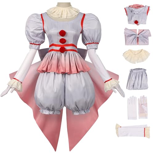 bi bi hou Damen Pennywise Kostüm Komplettes Set Film Clown IT Verkleidung Killer Clown Girl Pennywise Kleid Terror Scary Psychopath Halloween Cosplay Karneval Party Bühnenauftritt Kostüm von bi bi hou