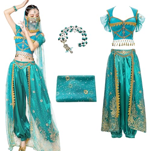 Bi Bi Hou Damen Jasmin Prinzessin Kostüm - Aladdin Arabische Verkleidung Mit Zubehör - Bauchtanz Outfit für Halloween, Karneval, Party, Bühnenauftritt - Erwachsene von bi bi hou
