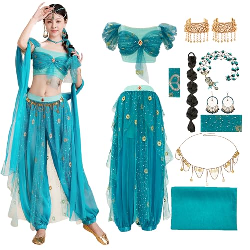 Bi Bi Hou Damen Jasmin Prinzessin Kostüm - Aladdin Arabische Verkleidung Mit Zubehör - Bauchtanz Outfit für Halloween, Karneval, Party, Bühnenauftritt - Erwachsene von bi bi hou