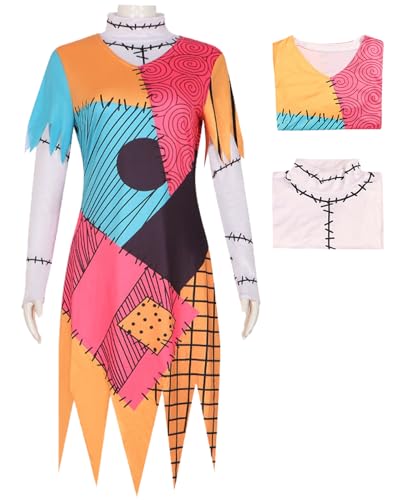 bi bi hou Damen Sally Cosplay Kostüm Set Film Jack Skellington Verkleidung Skelett Braut Sally Kleid Gothic Gedruckt Kleider Weihnachten Halloween Karneval Party Bühnenauftritt Kostüm von bi bi hou